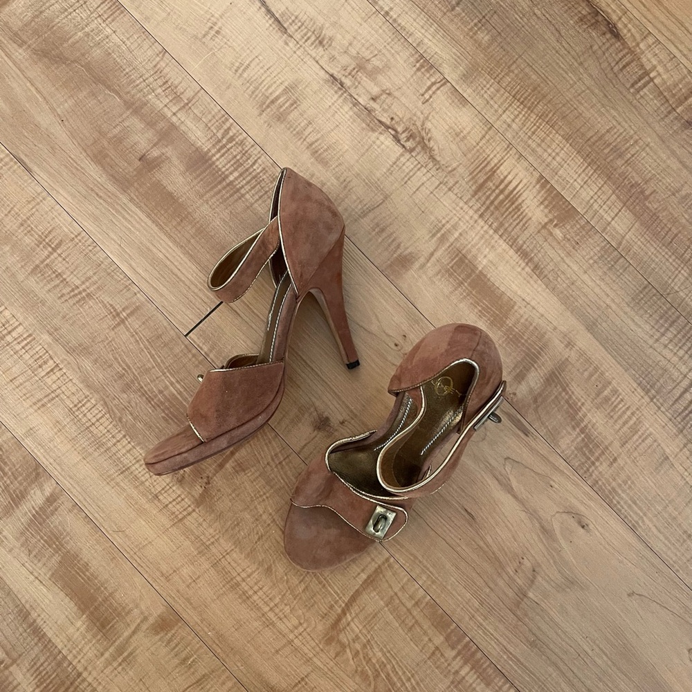 Elegant Brown Gold Suede High Heels